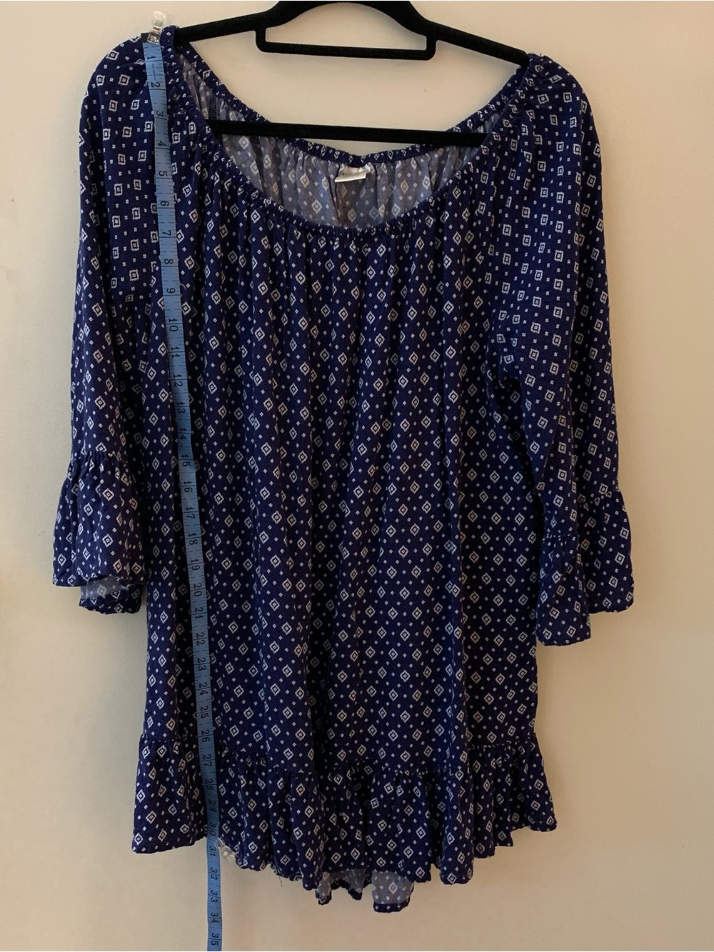 Women’s Indigo Printed Peasant Tunic with Ruffle Hem
